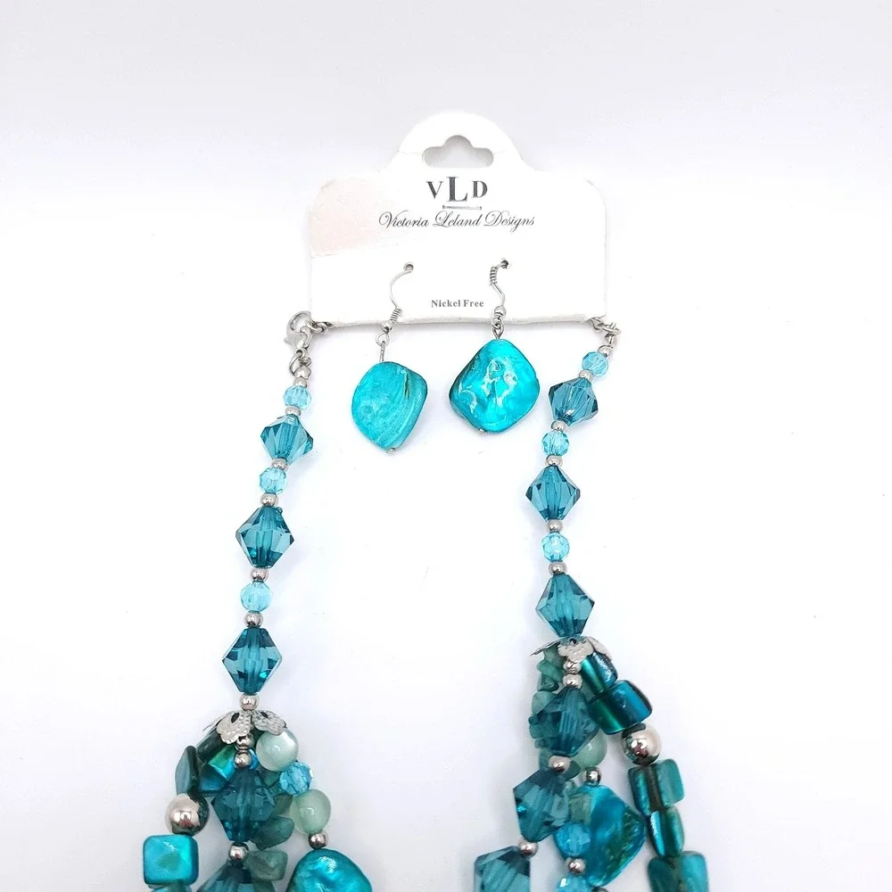 Victoria Leland Teal Beaded Necklace Earring Set Boho 18in - Picture 4 of 5